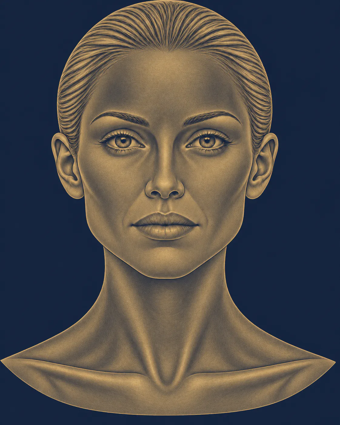 Illustration d’un visage de face, du front au cou, sur laquelle sont délimitées les zones de l’atlas